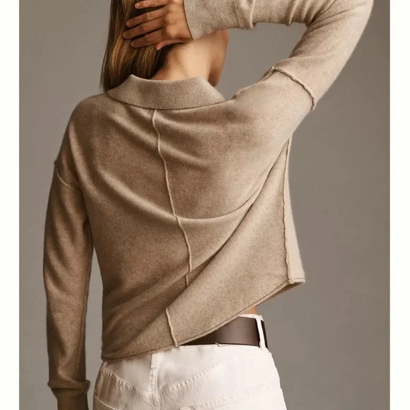 Pilcro Anthropologie 100% Cashmere Cropped Cardigan. Oatmeal. Sz XS - Picture 2 of 3